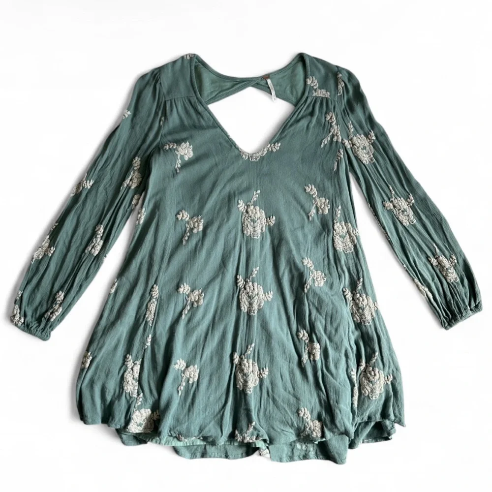 FREE PEOPLE Emma Embroidered Mini Dress Women’s Sage Green/Blue- Size XSmall
